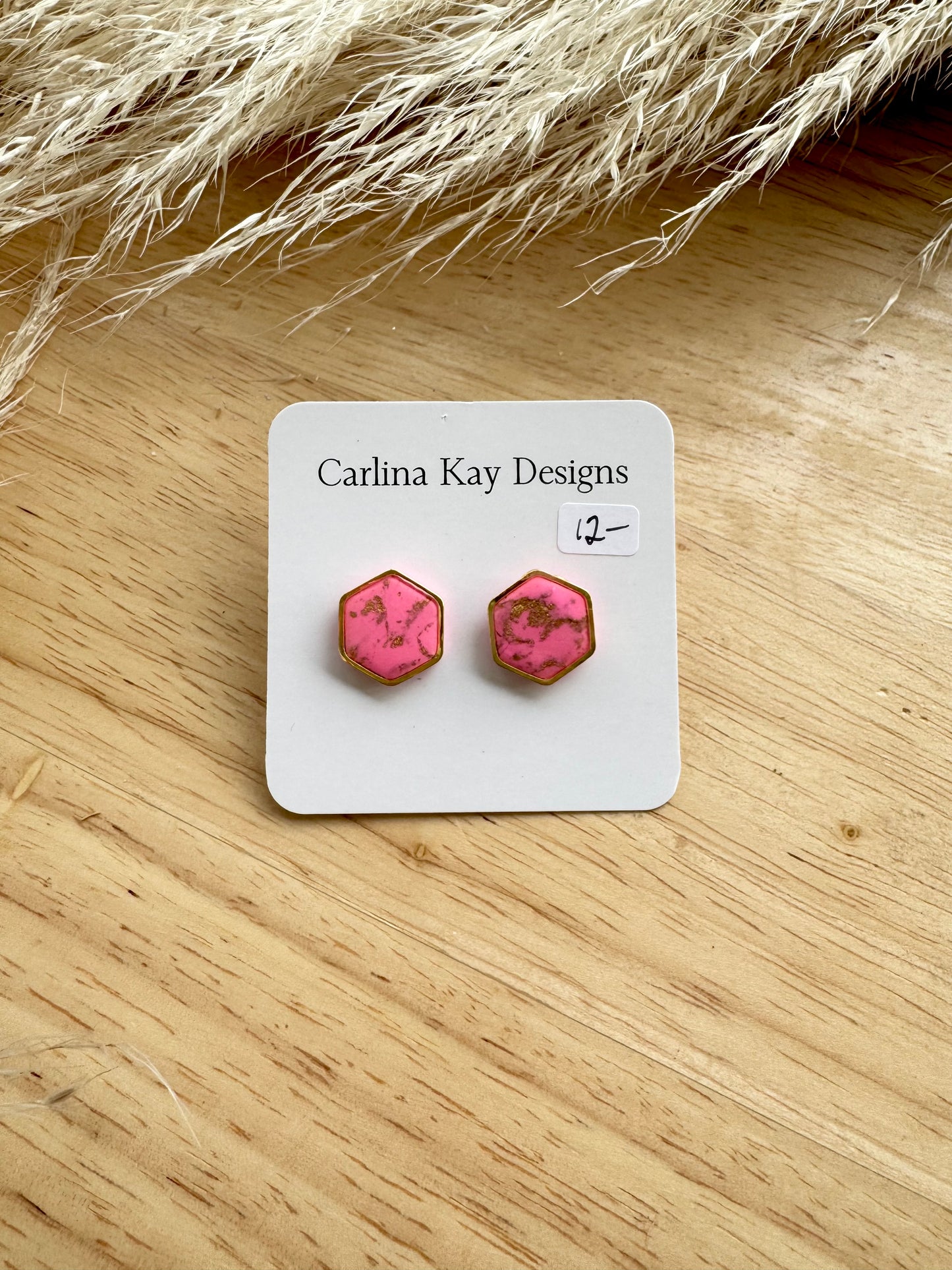 Gold and pink marbled hexagon border stud earrings