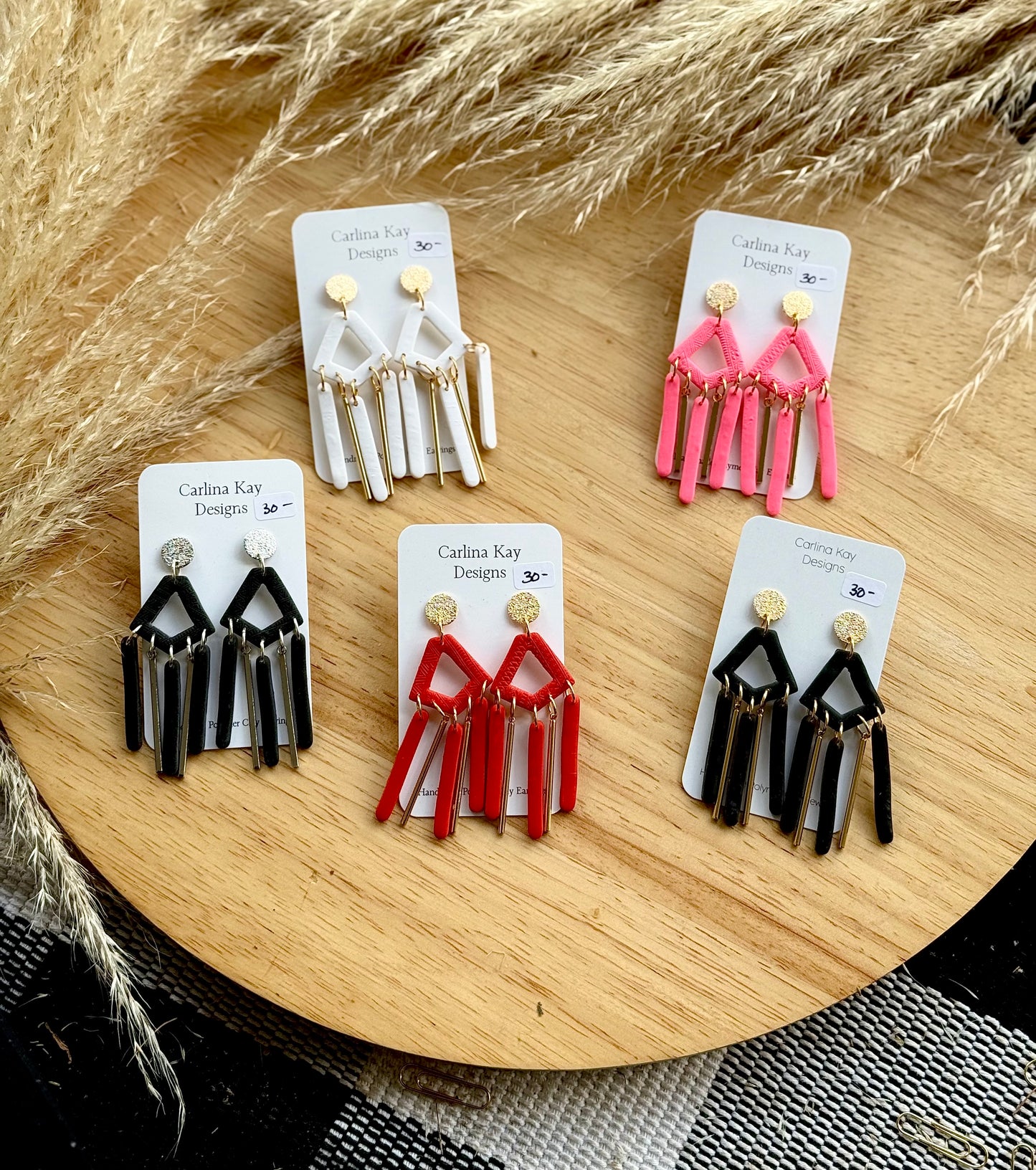 Gold bar and clay dangle Earrings in many colors