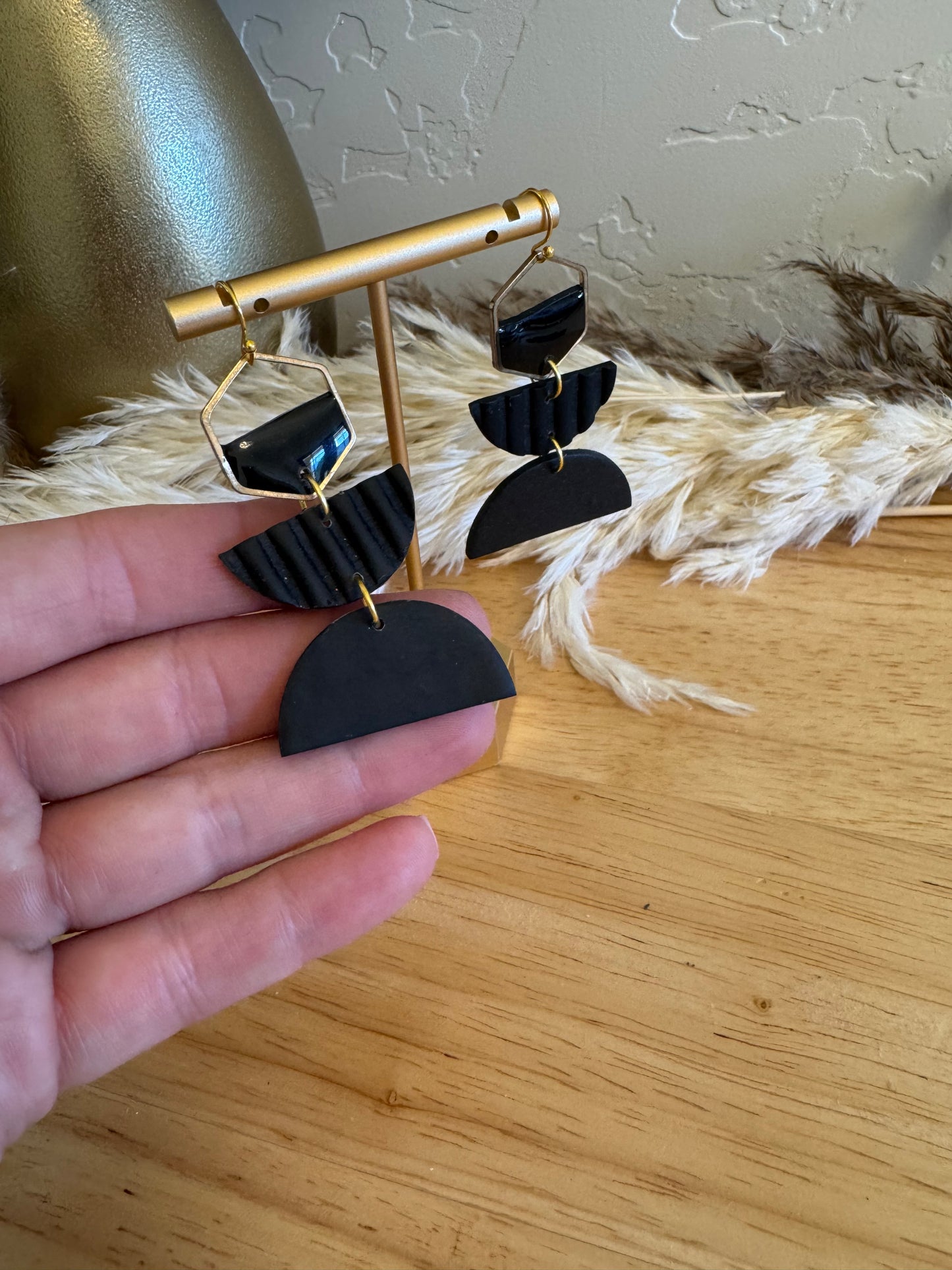 Black and gold hexagon half circle earrings