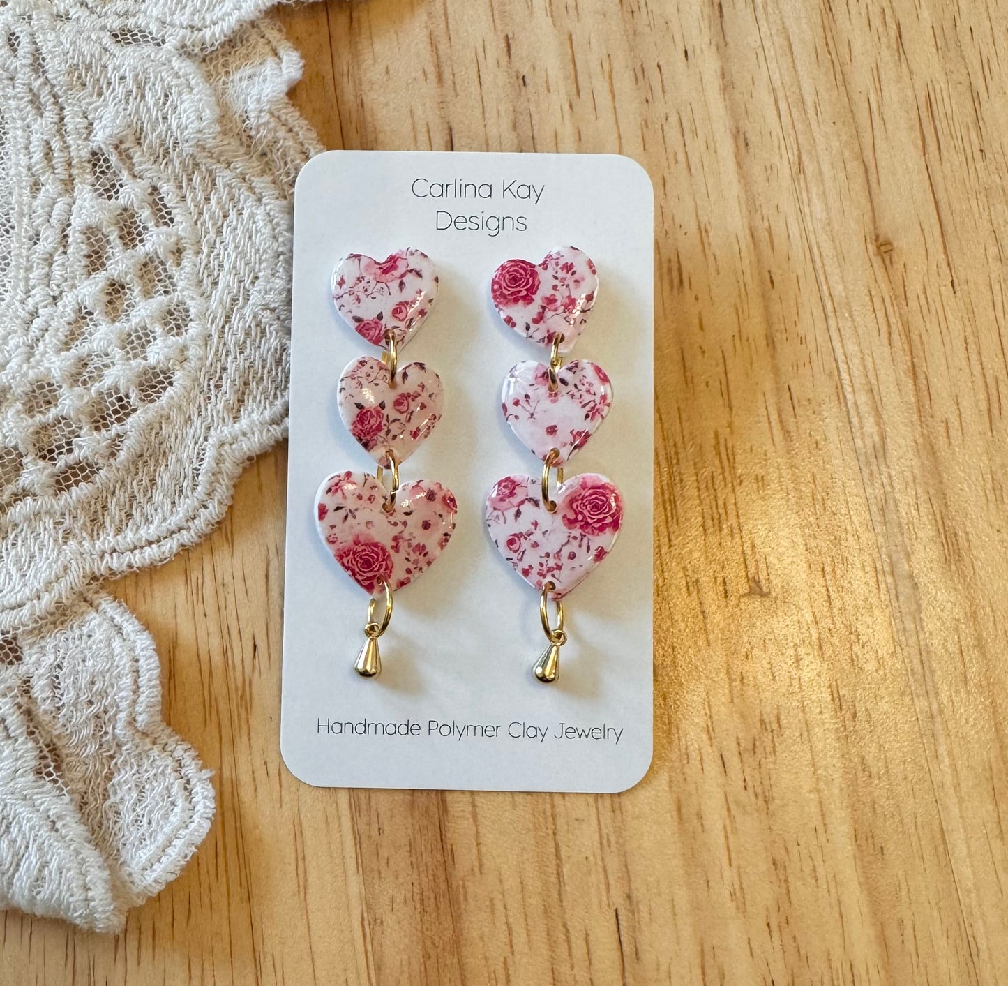 Triple Floral Heart drop down earrings