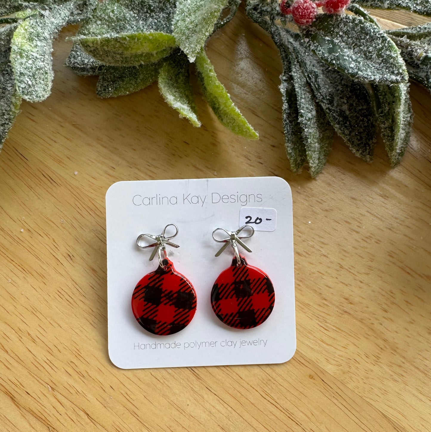 Red buffalo plaid Ornaments with bow post