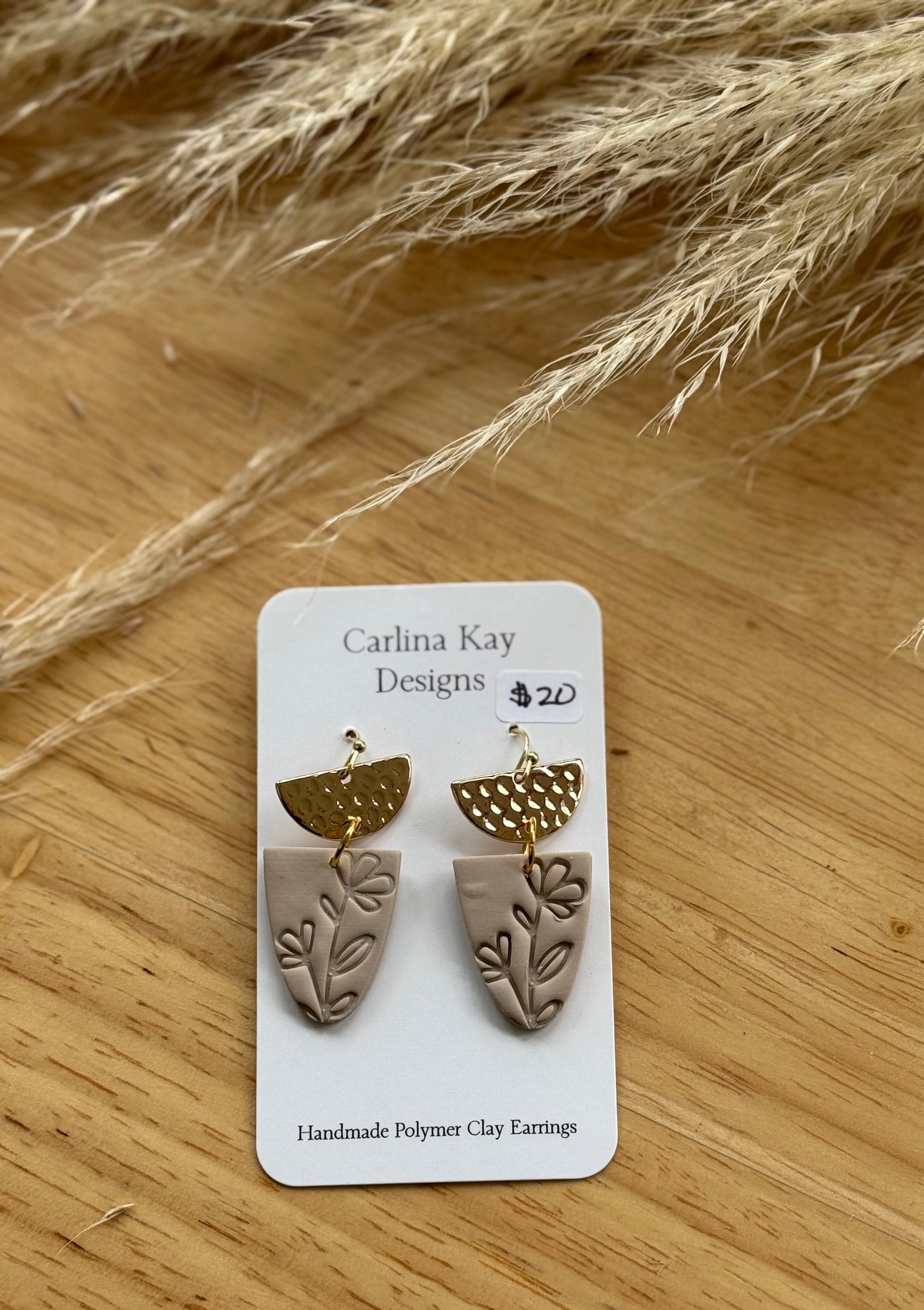 Taupe floral stamp and gold half circle earrings