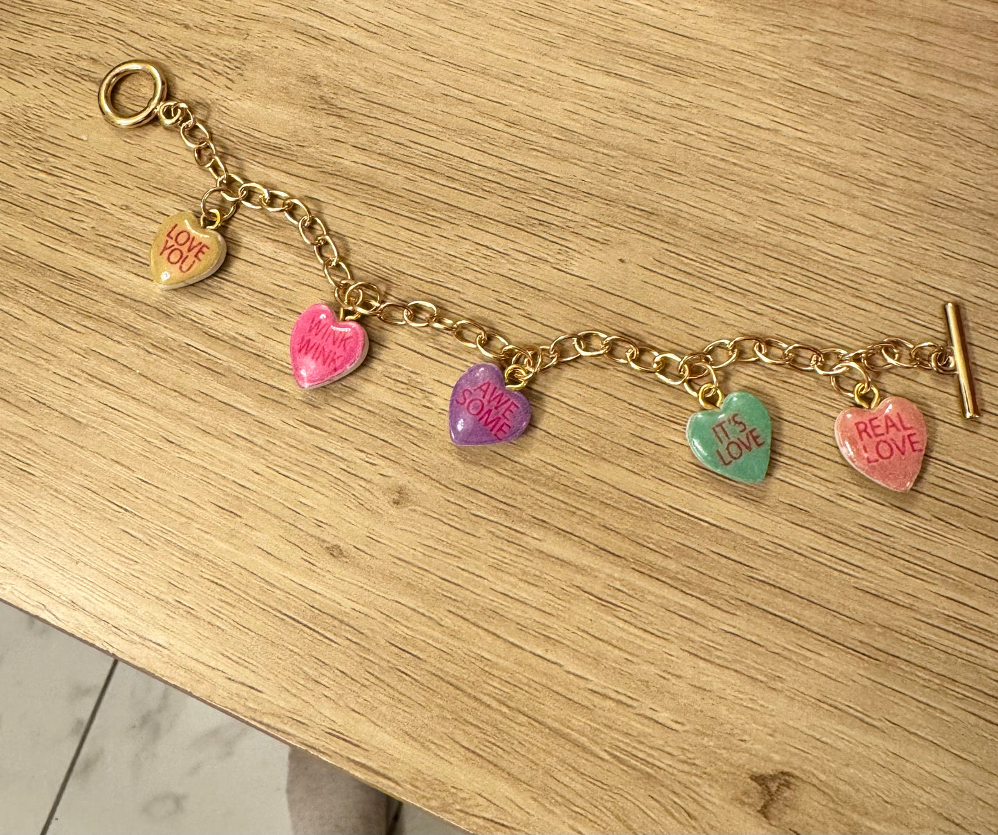 Gold conversation heart charm bracelet