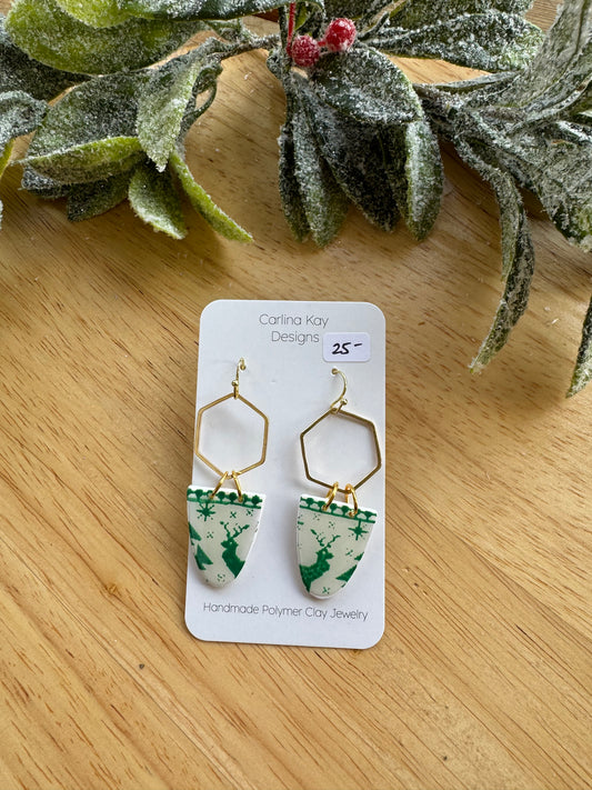 White and green Christmas sweater print gold hexagon dangles
