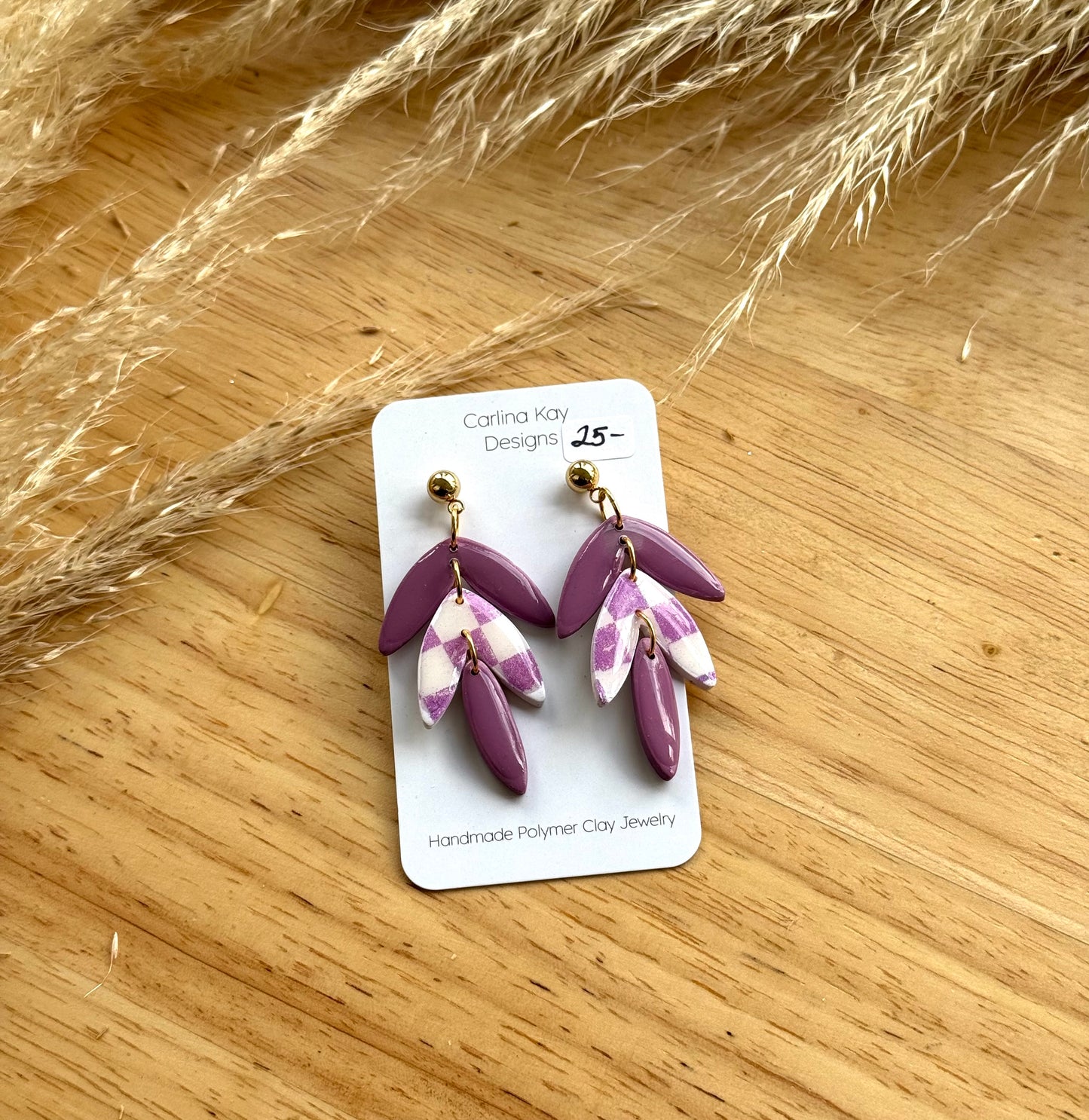 Lilac checkered triple dangle earrings