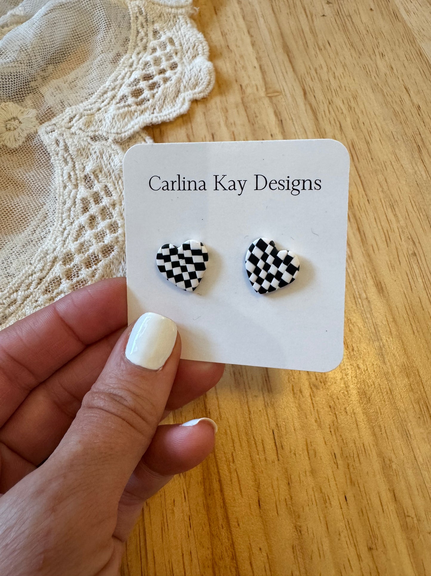 Black and White checkered Heart stud Earrings