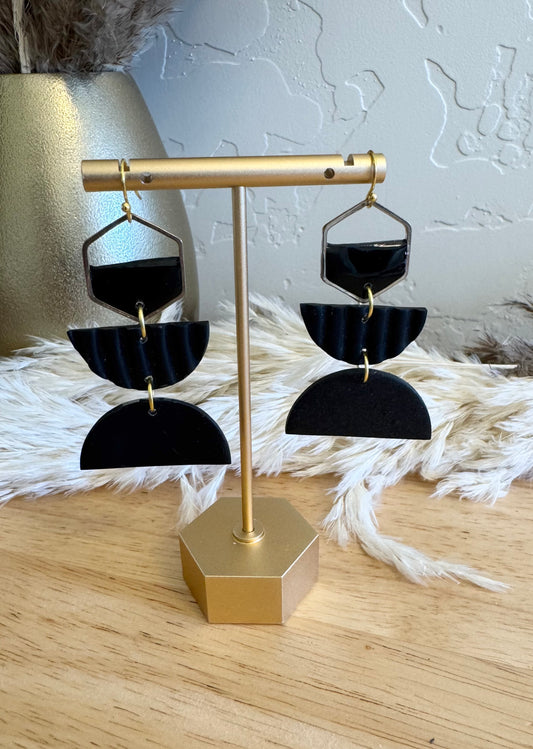 Black and gold hexagon half circle earrings