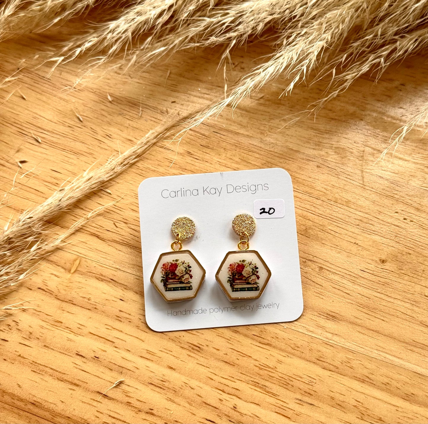 Floral book charm earrings