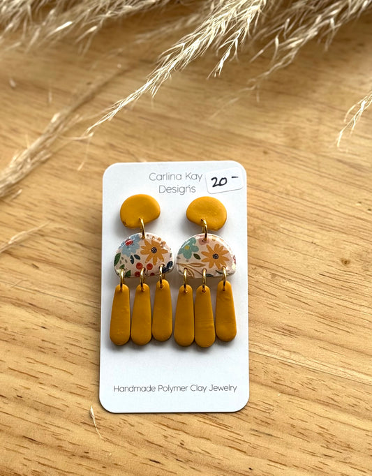 Mustard yellow with vintage flower dangle earrings