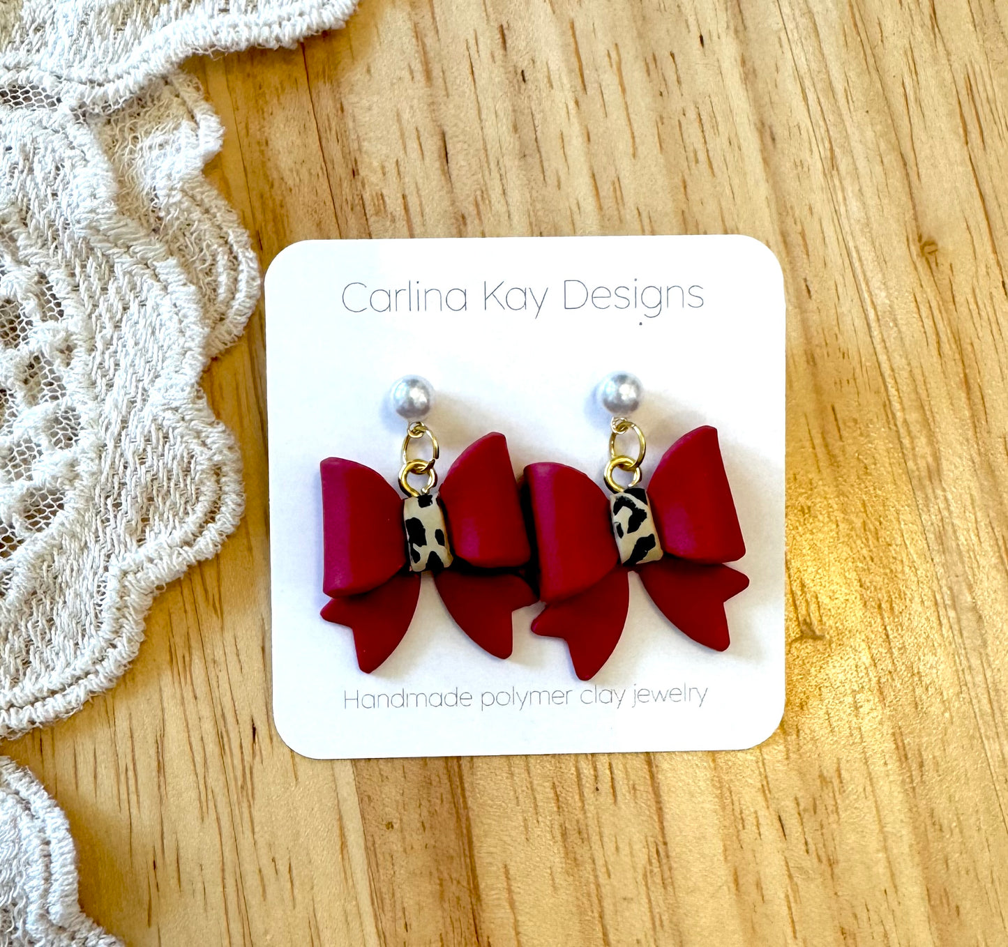 Red bows with leopard print earrings