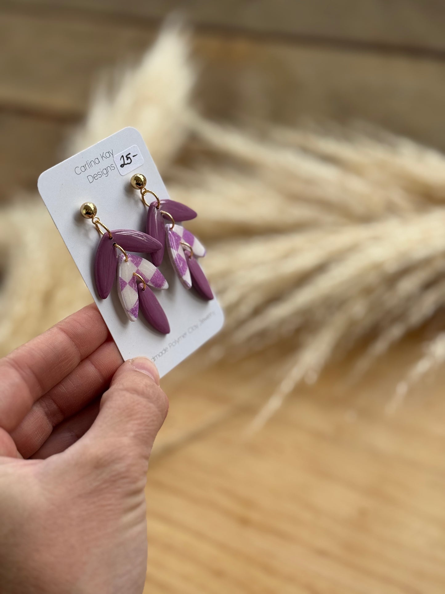Lilac checkered triple dangle earrings