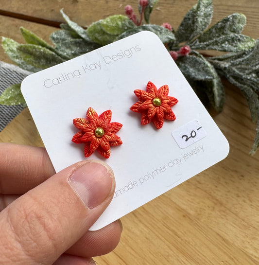 Poinsettia stud earrings with one gold bead