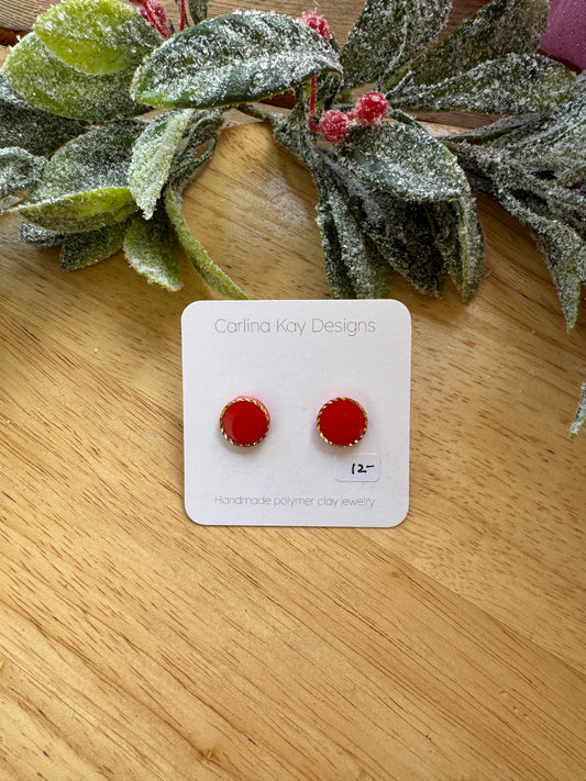 Red stud earrings with gold twisted border