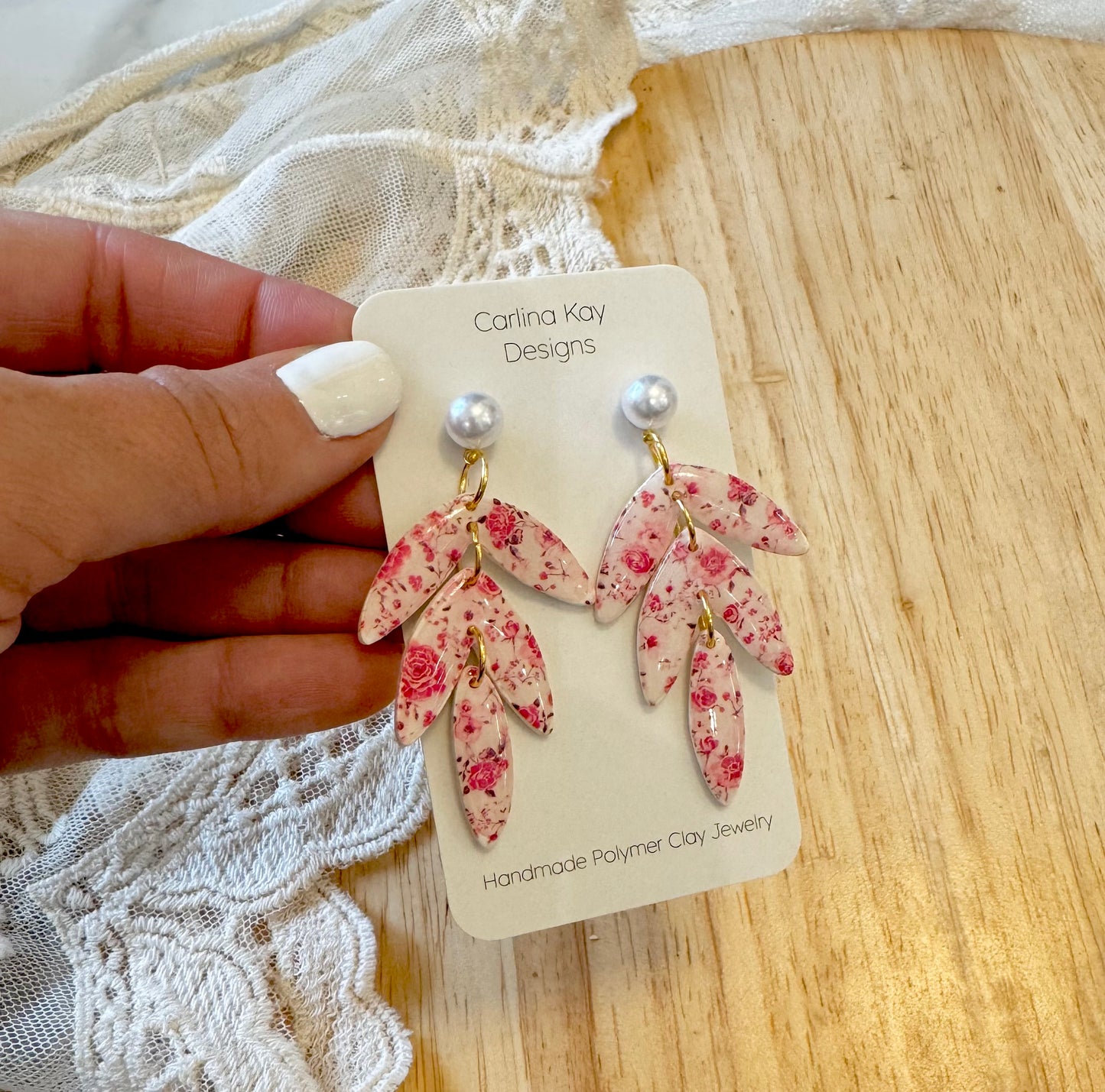 Valentine’s floral print triple dangles with large pearl post