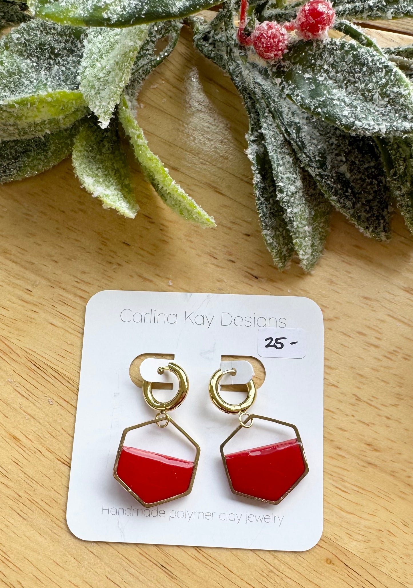 Red hexagon with Huggie gold hoops