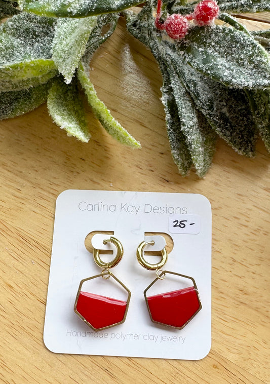 Red hexagon with Huggie gold hoops