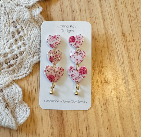 Triple Floral Heart drop down earrings