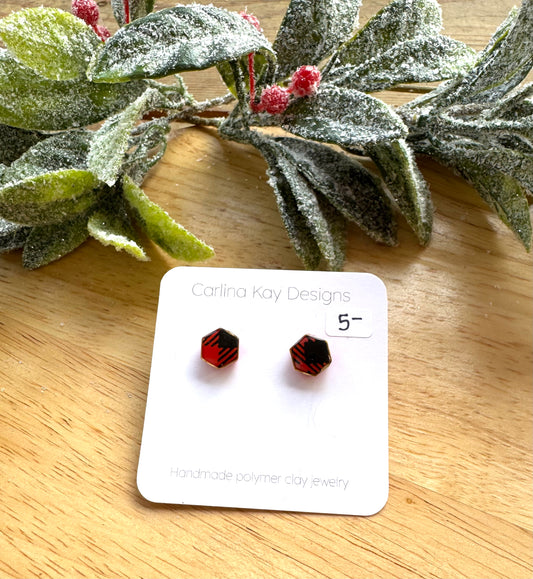 Mini hexagon red and black buffalo plaid studs