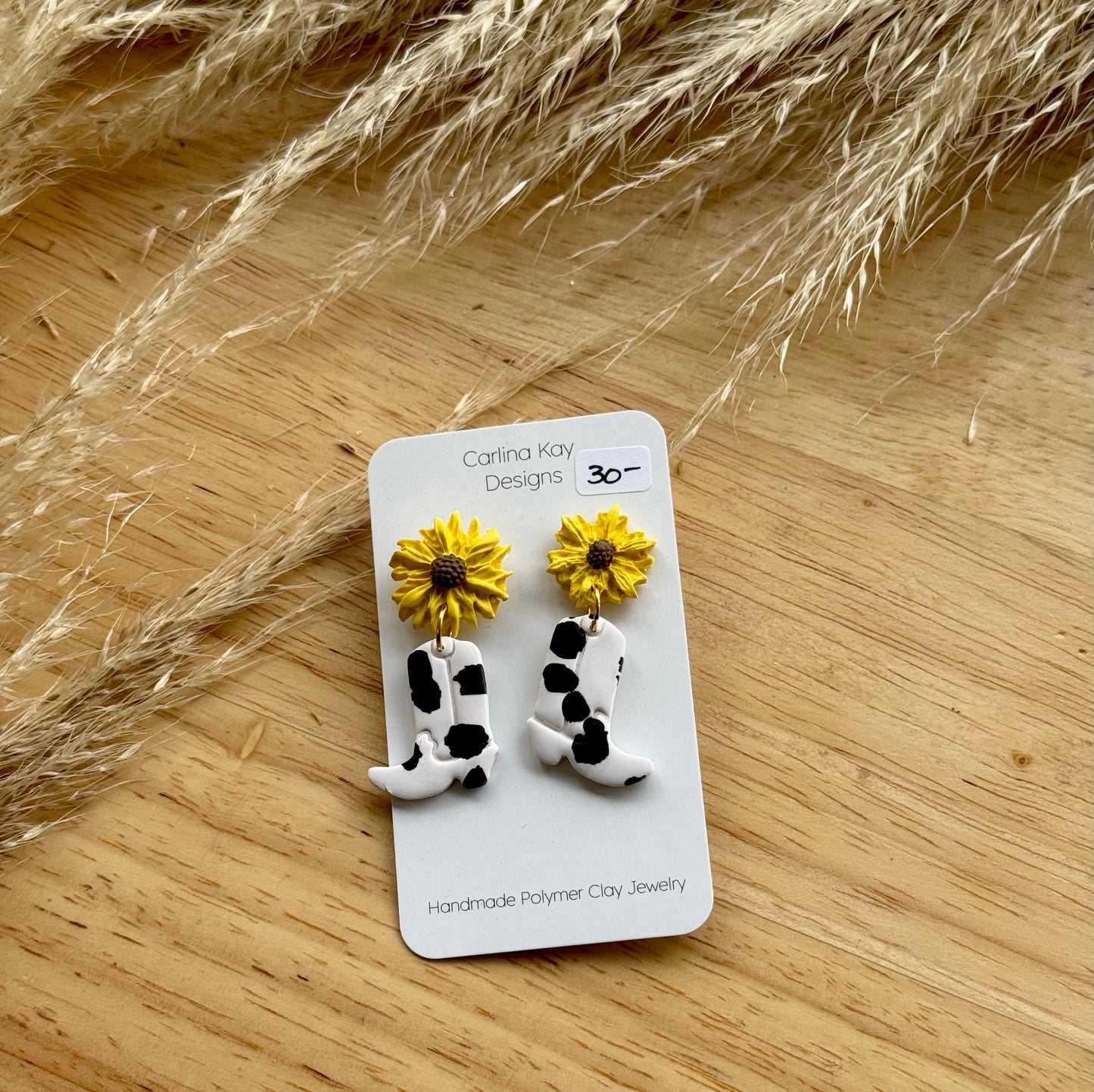 Cow print cowgirl boot earrings