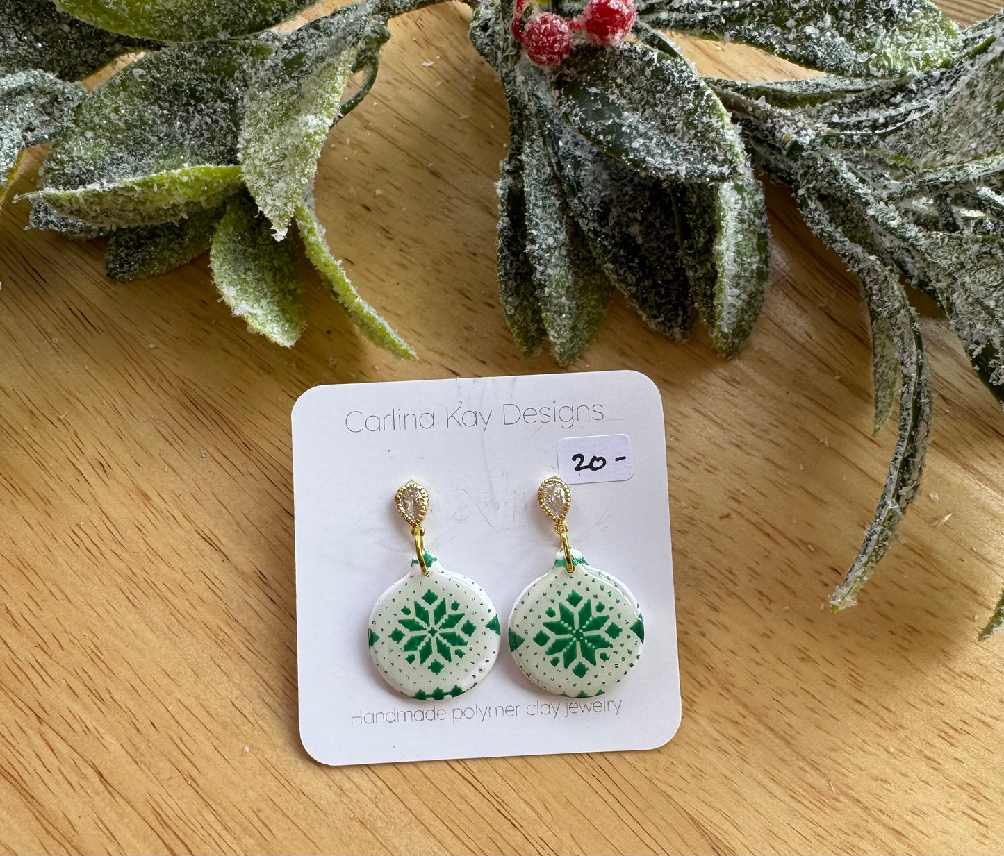 White and green christmas sweater ornament with gold post