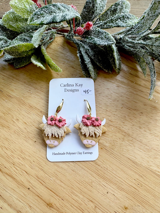 Cream highland cows with light pink flower earrings