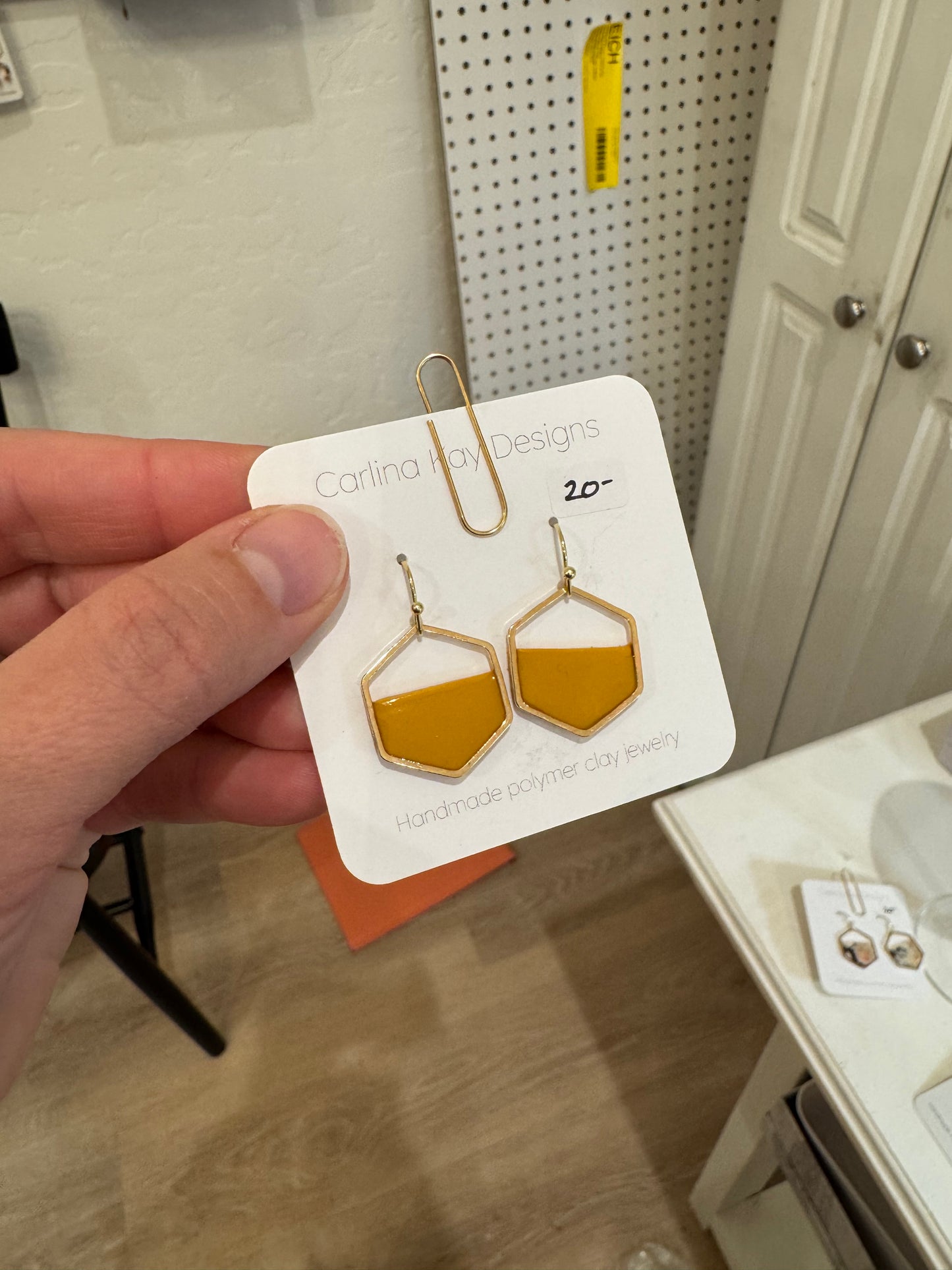 Gold hexagon half drop down earrings