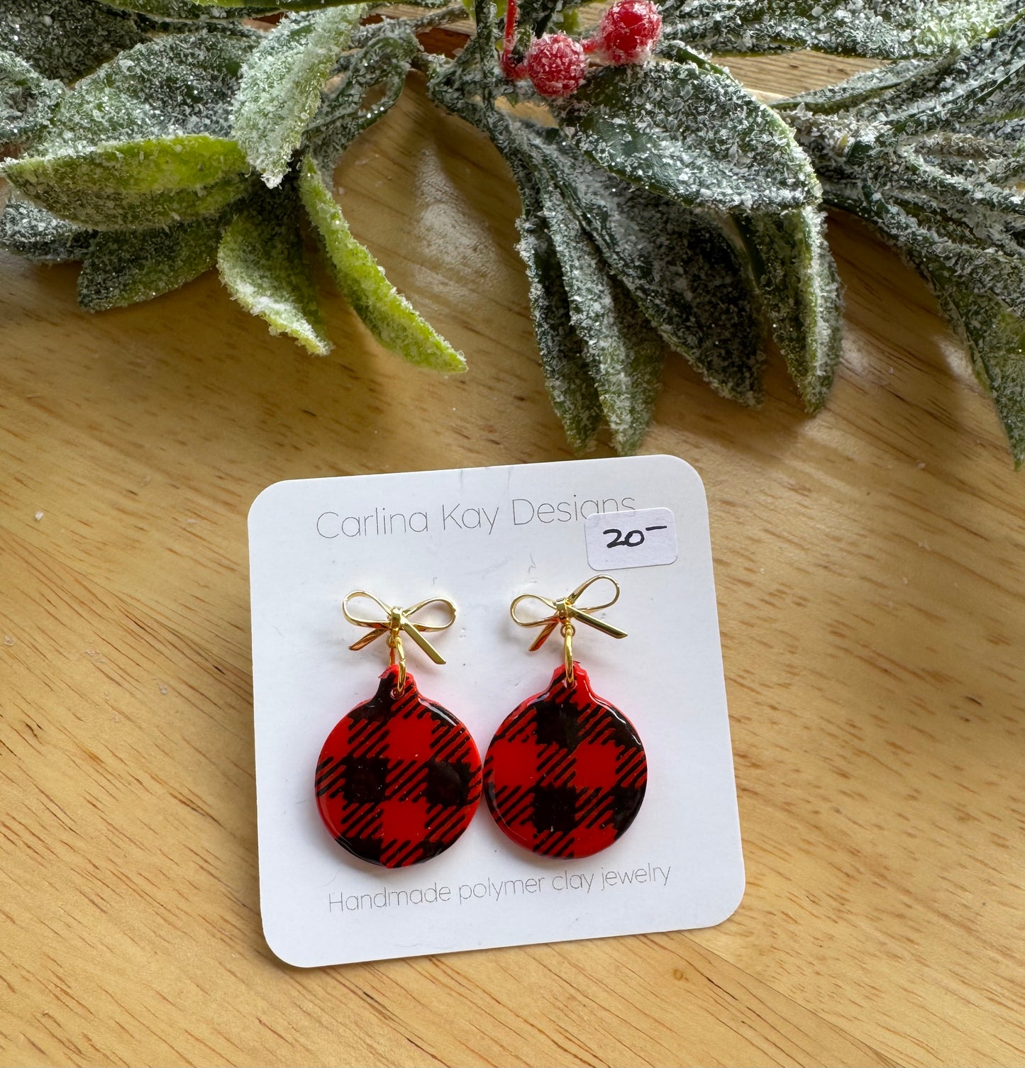 Red buffalo plaid Ornaments with bow post