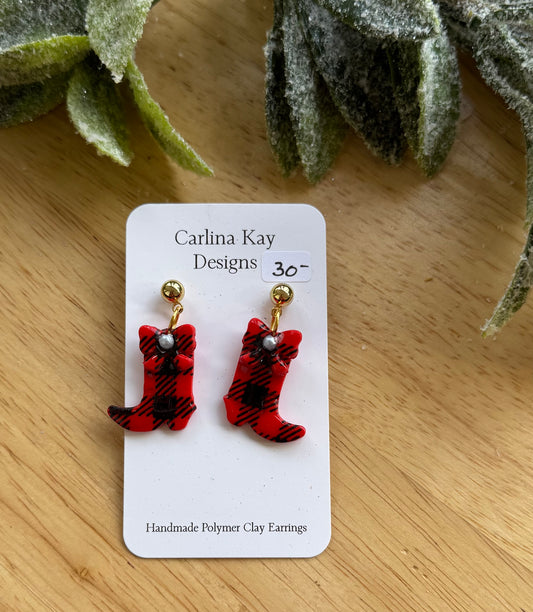 Buffalo plaid cowgirl boot earring with bows