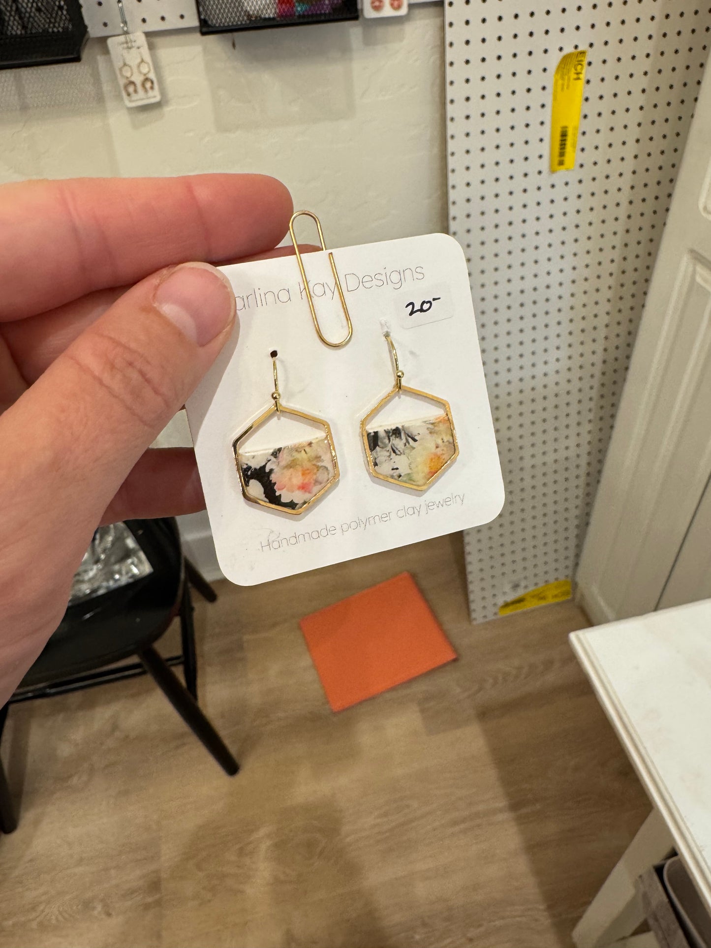 Gold hexagon half drop down earrings