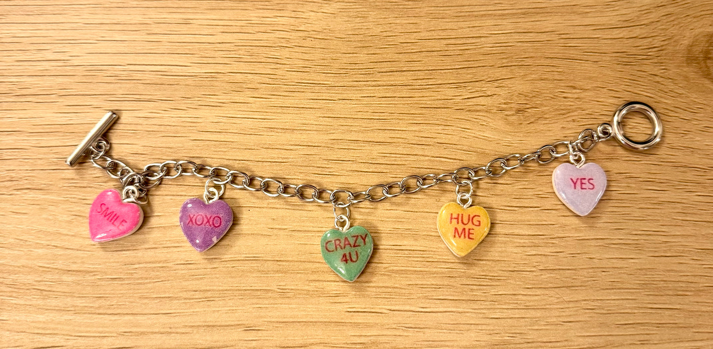Silver conversation heart charm bracelet